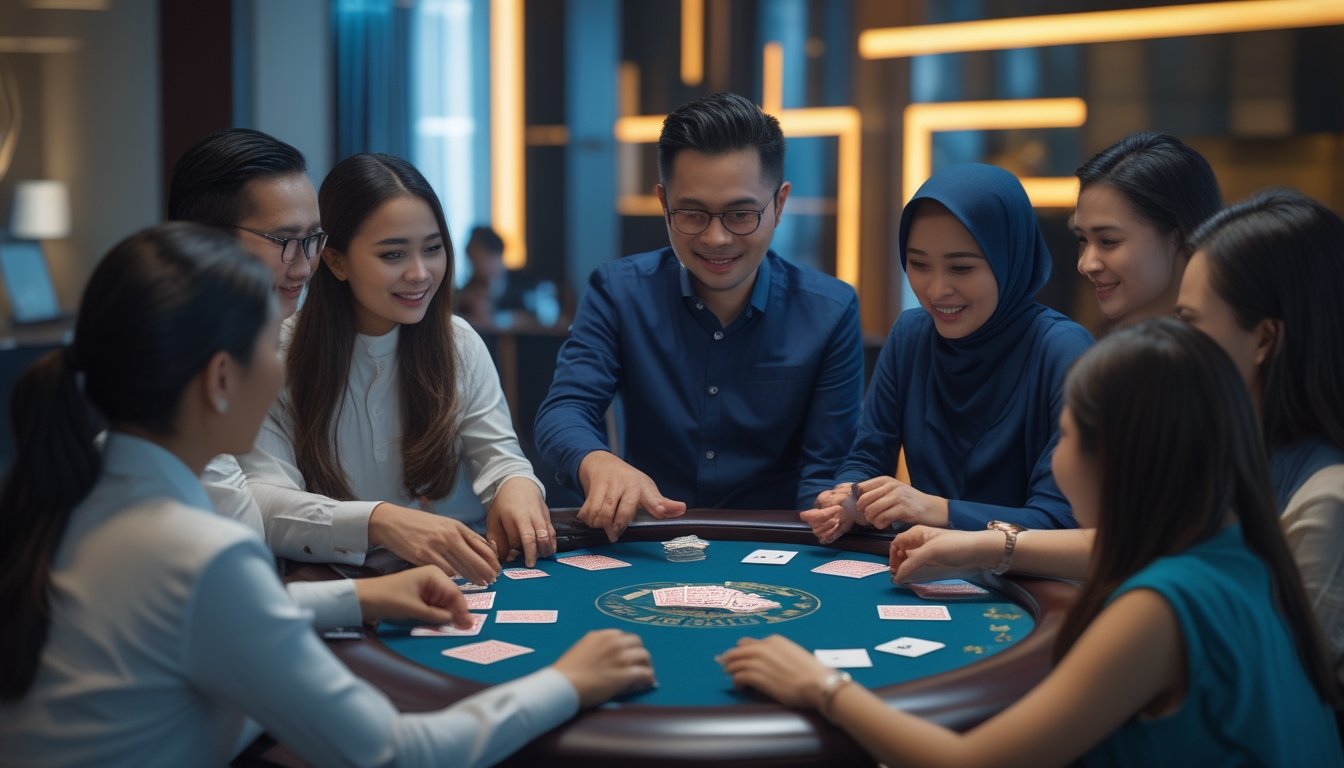 Sekelompok orang dewasa bermain kartu ceme di meja dalam ruang santai modern.