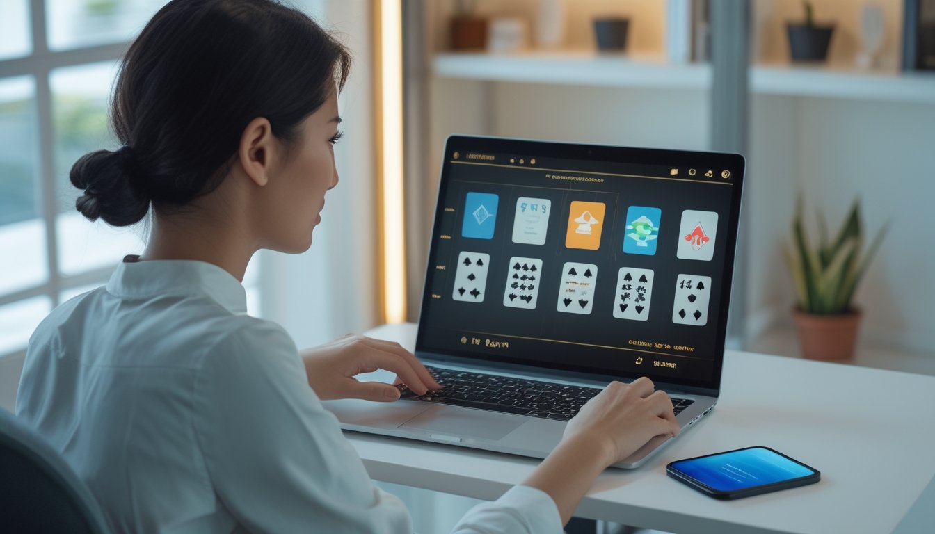 Orang dewasa bermain permainan kartu digital di laptop dalam ruang kerja modern.