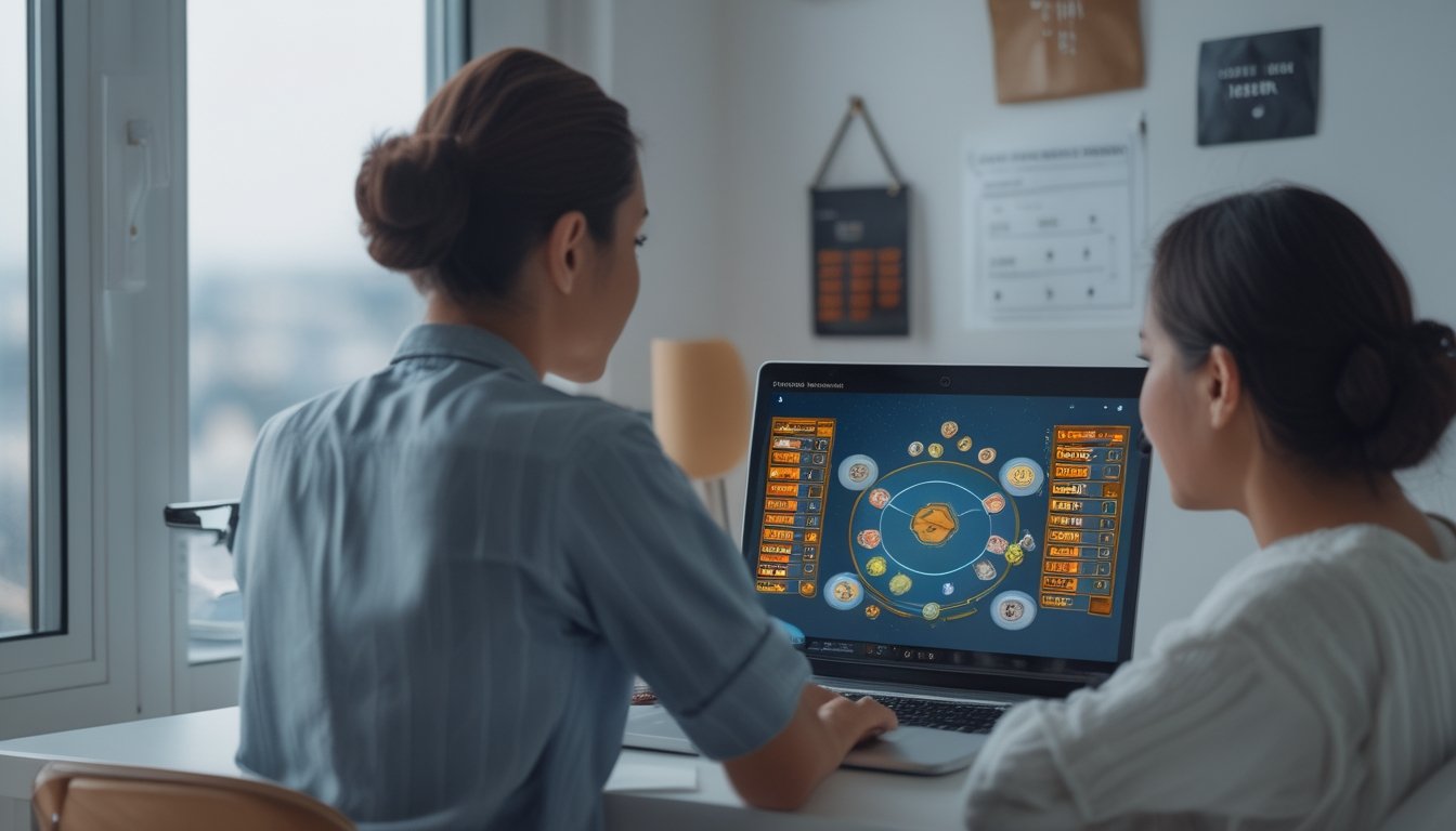 Dua orang dewasa mempelajari permainan kartu digital di laptop dalam suasana ruang kerja modern.