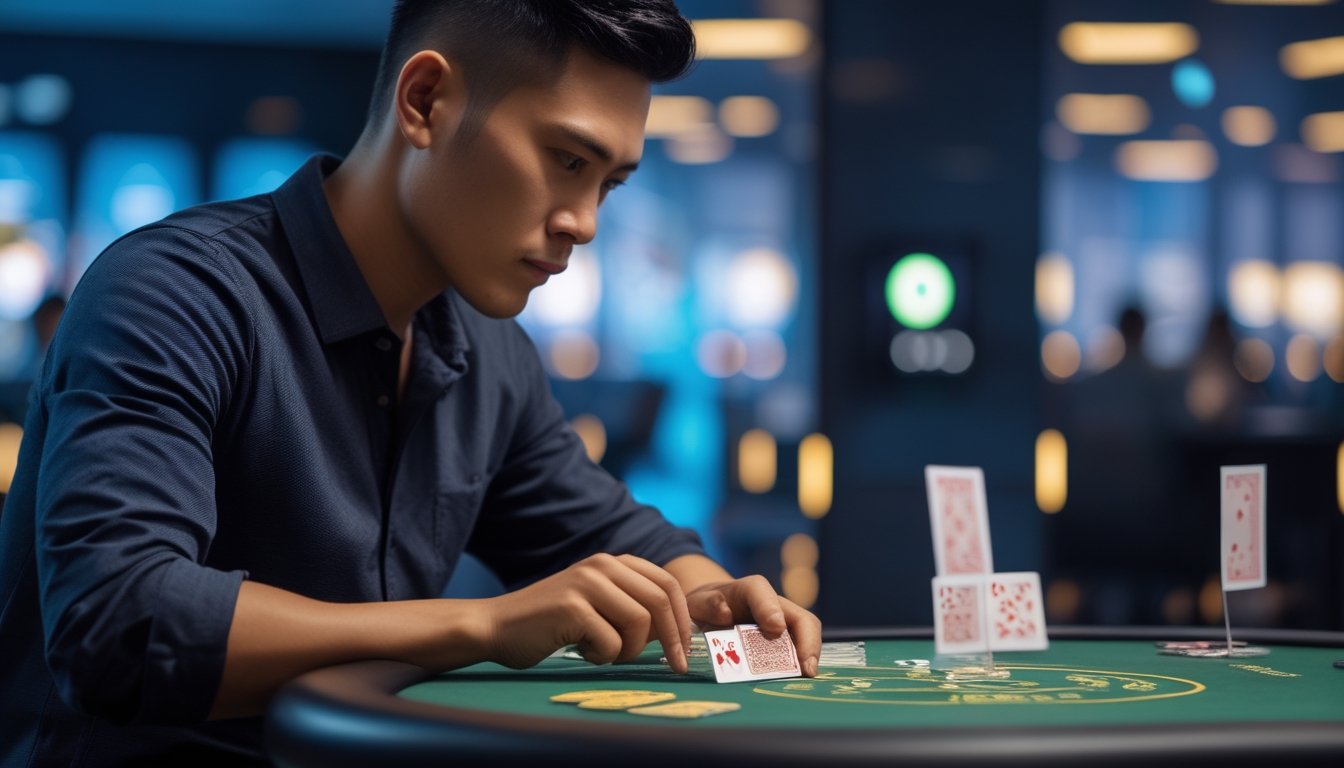 Seorang pemain fokus menyusun kartu di meja dengan suasana permainan yang cepat dan strategis.