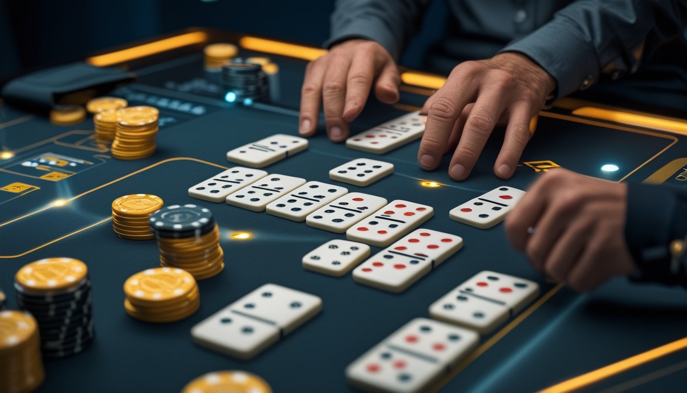 Pemain mempelajari susunan kartu domino dan keping permainan di atas meja.
