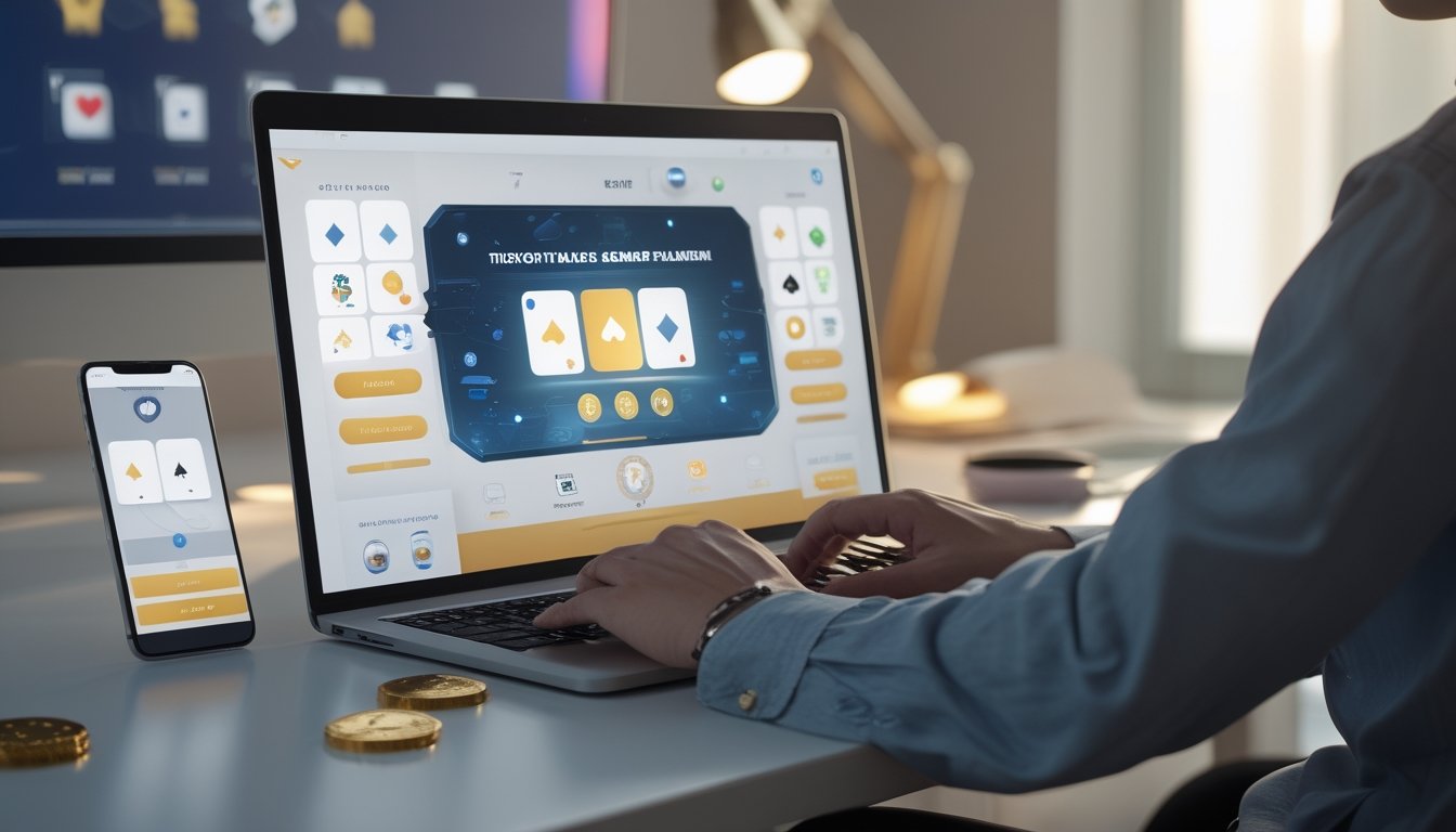 Seorang pengguna melihat antarmuka permainan kartu digital abstrak di laptop dan ponsel pada meja kerja modern.