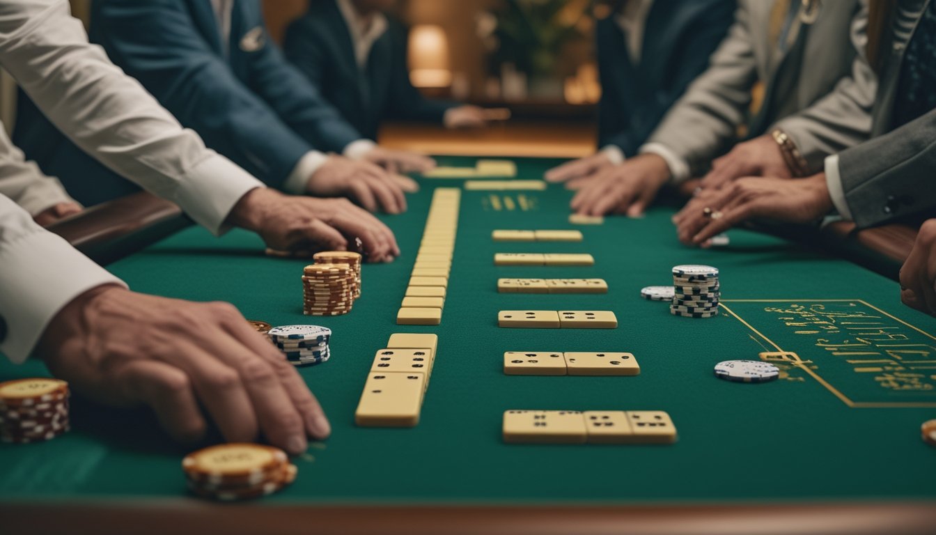 Pemain dewasa dan seorang pemandu mengamati susunan kartu domino serta keping taruhan di meja permainan.