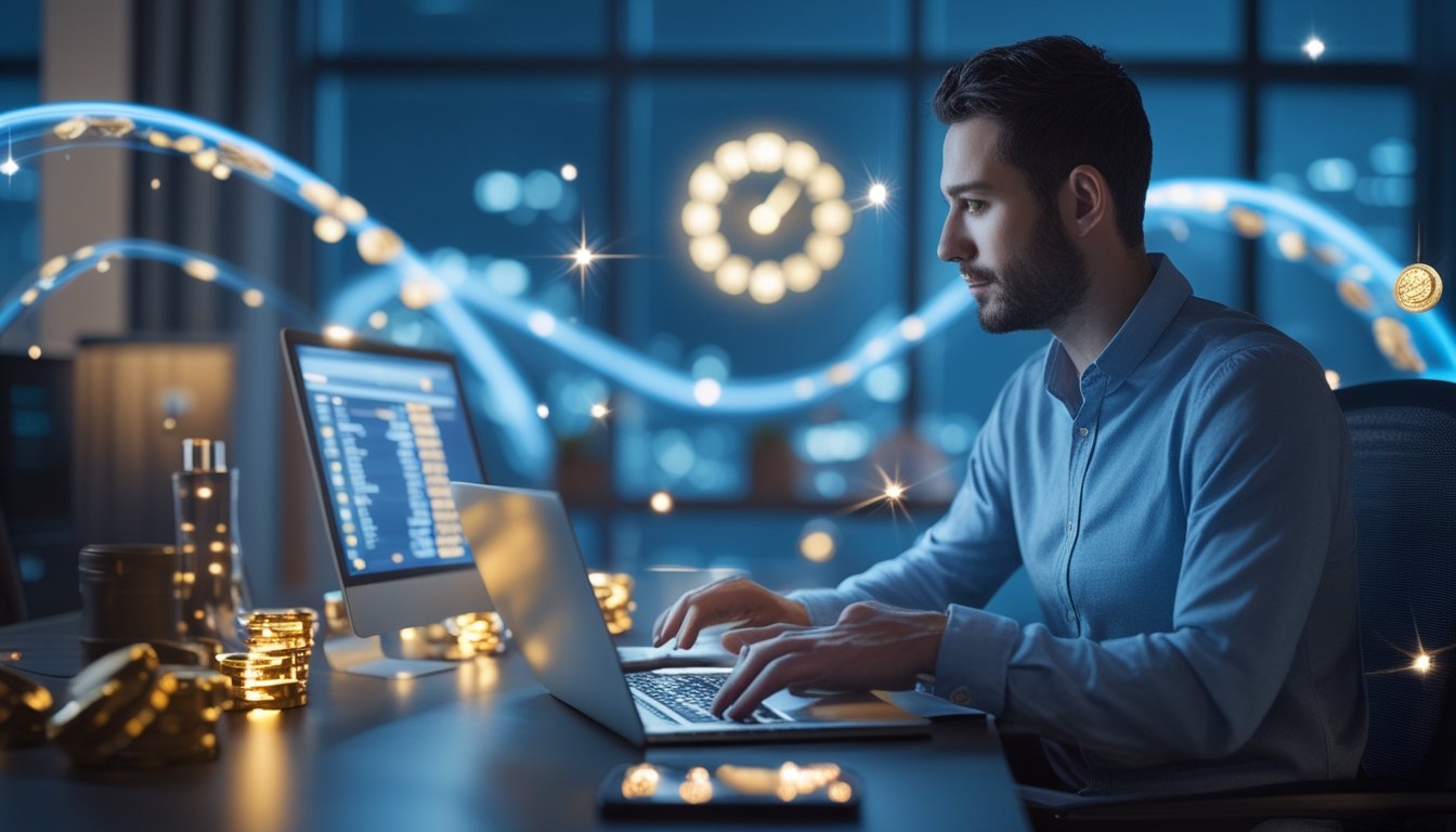 Seseorang menggunakan laptop dan ponsel di ruang kerja modern dengan cahaya biru keemasan, hiasan hadiah, dan latar kota pada malam hari.