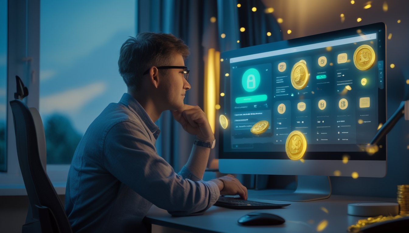 Seseorang membandingkan platform hiburan digital yang aman di meja kerja pada malam hari.