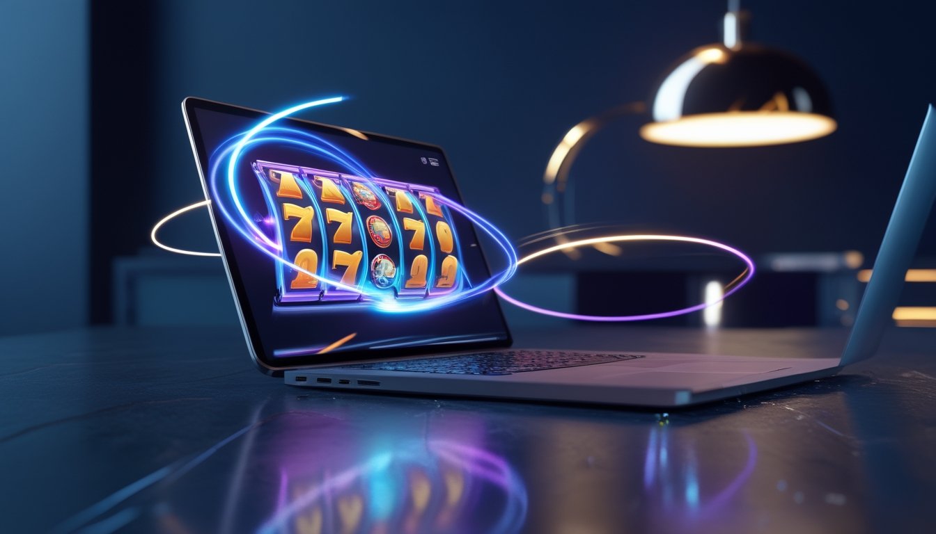 Ponsel dan laptop menampilkan permainan digital berwarna-warni dengan efek cahaya yang menggambarkan putaran sangat cepat.