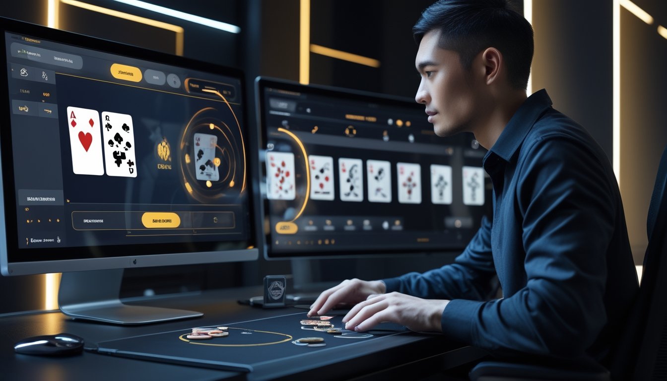 Pemain dewasa menggunakan perangkat digital untuk memainkan permainan kartu daring dengan putaran cepat.
