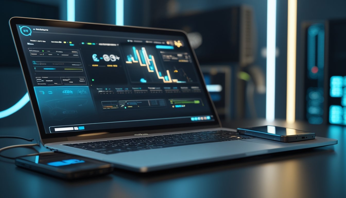 Laptop dan ponsel menampilkan antarmuka permainan digital dengan server bercahaya di latar belakang.