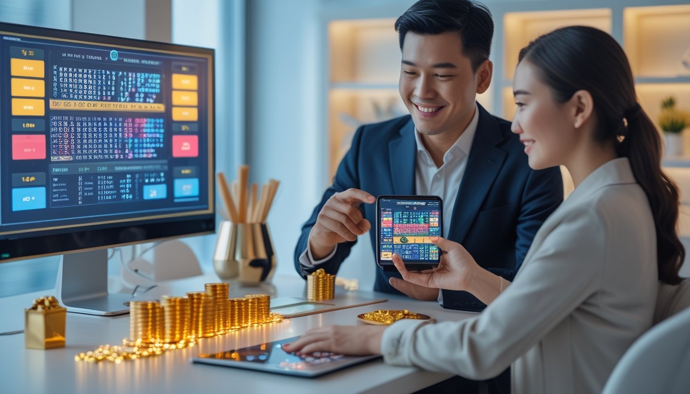 Pasangan dewasa melihat pola angka abstrak di laptop dan ponsel dengan koin emas serta kotak hadiah di meja.