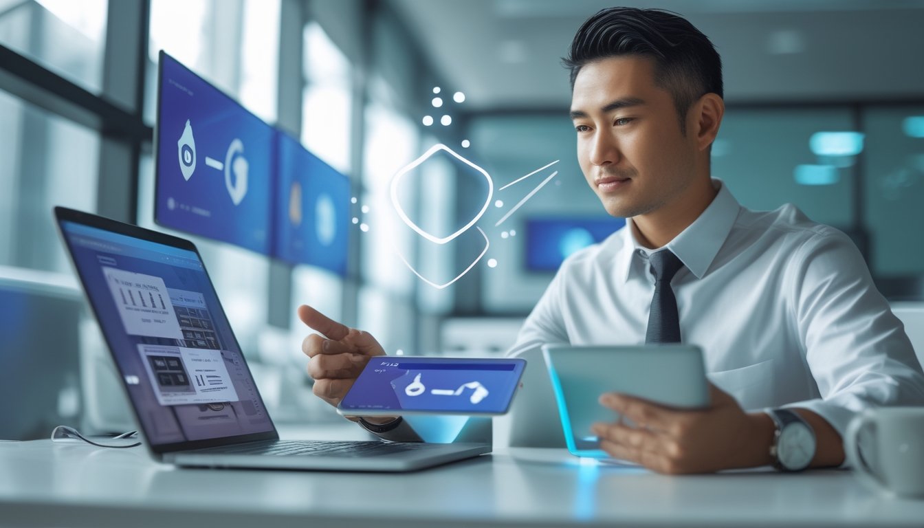 Seorang profesional memeriksa beberapa platform digital pada laptop dan tablet di meja kantor modern.
