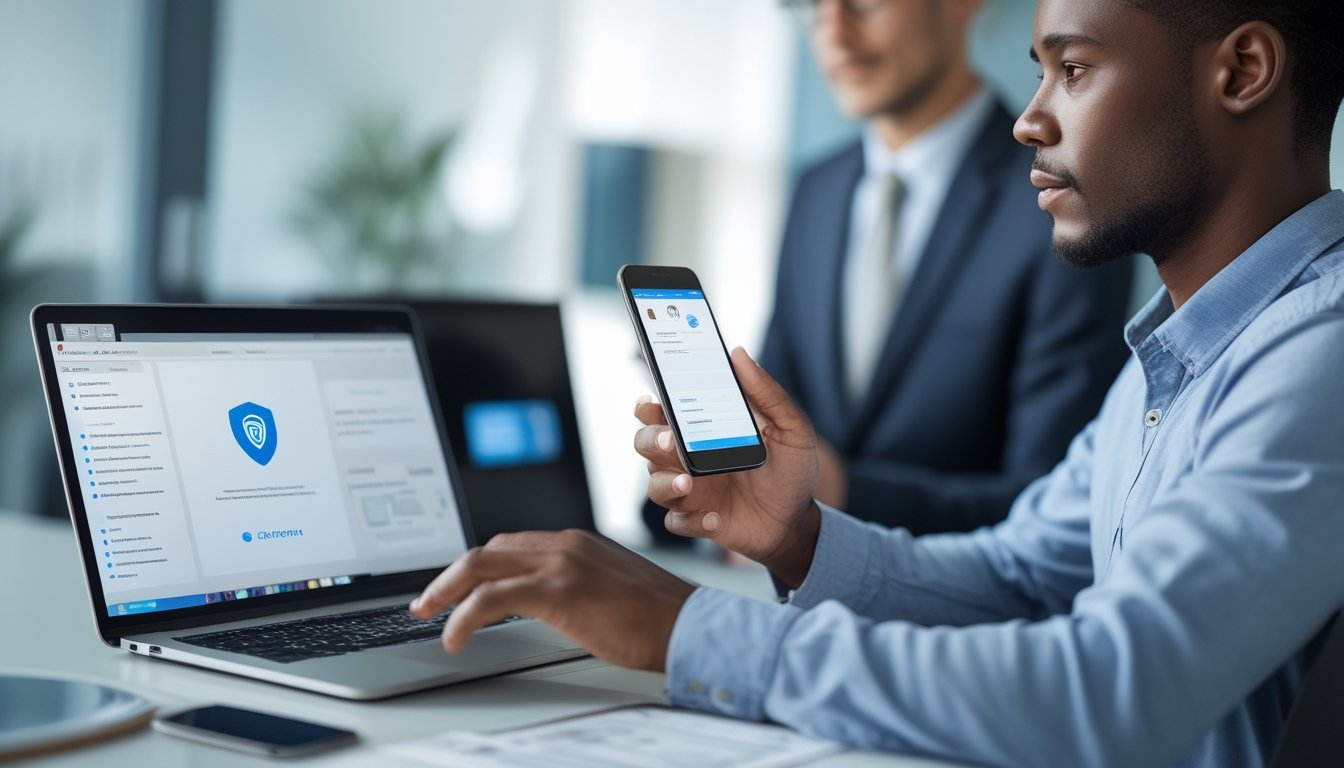 Orang dewasa memeriksa akun digital aman di laptop dengan ponsel dan simbol perlindungan di meja.