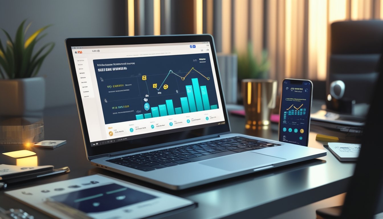 Laptop dan ponsel menampilkan antarmuka angka dan grafik abstrak di atas meja kerja modern.