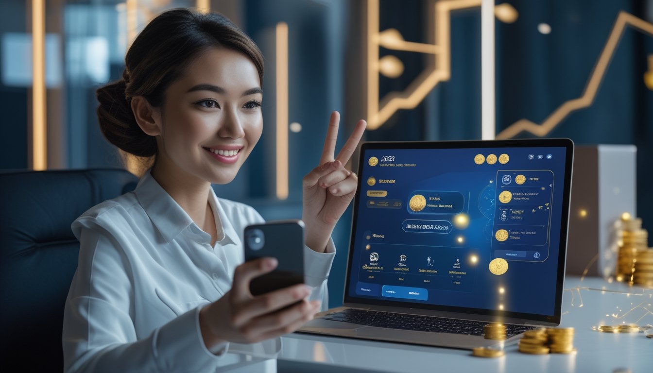 Seseorang melihat platform undian online di laptop dan ponsel dalam suasana modern dengan nuansa kemenangan.