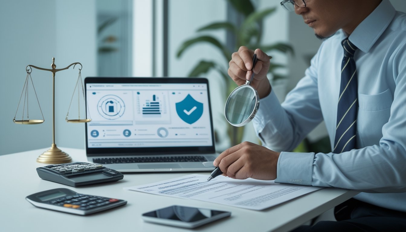 Profesional meninjau dokumen dan keamanan platform taruhan di meja kerja dengan simbol peringatan dan perlindungan data.