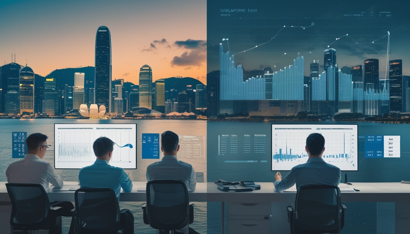 Tim analis dewasa membandingkan grafik dan data pasar Hong Kong serta Singapura di ruang kerja modern.
