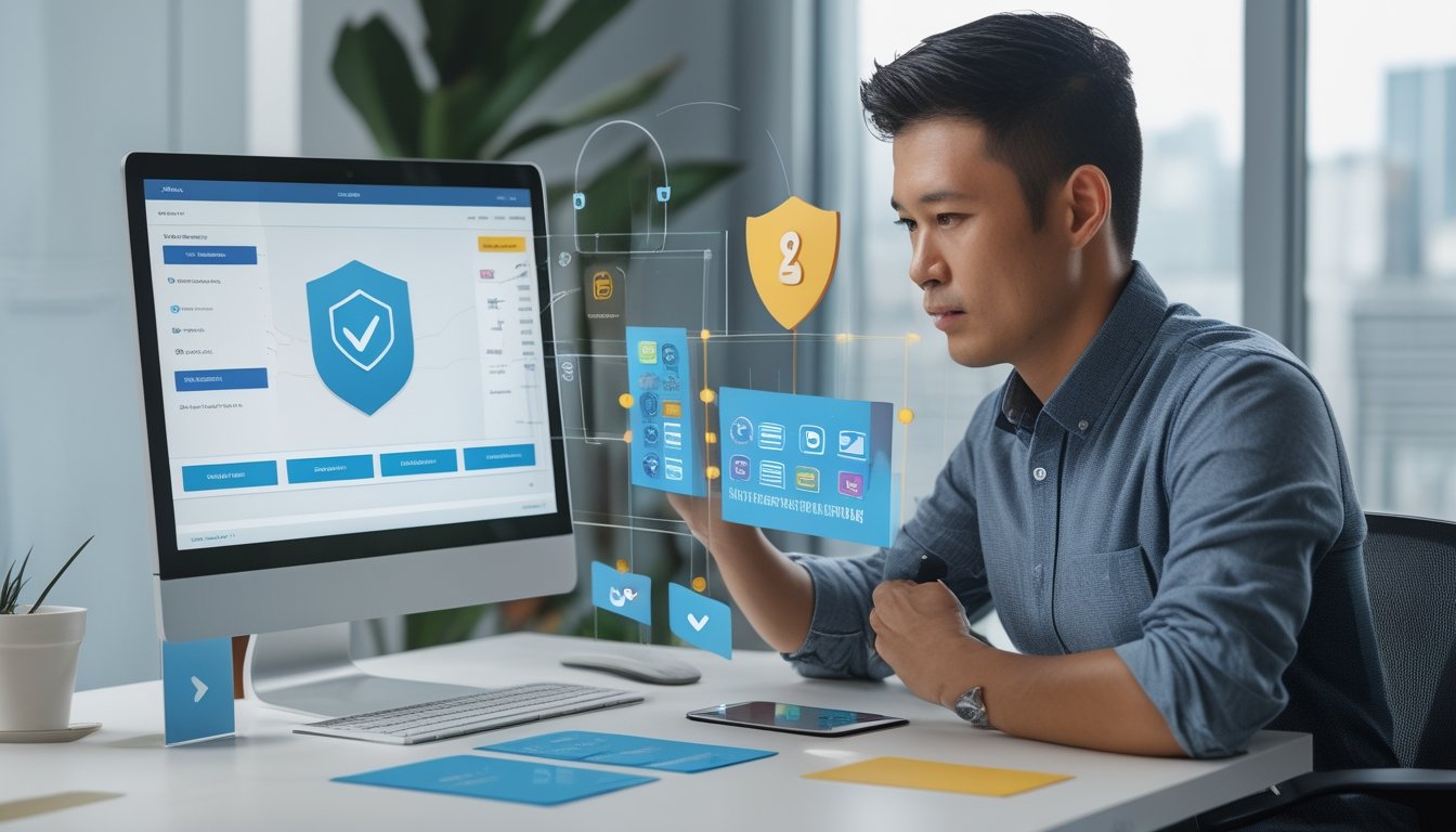 Seseorang memeriksa platform digital aman pada laptop dan ponsel di meja kerja modern.