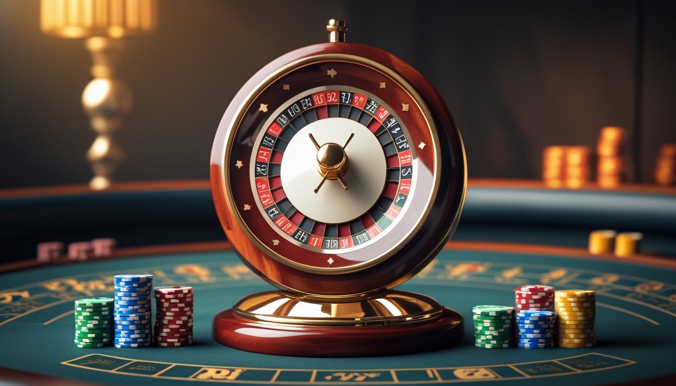 Roda roulette mini dengan keping taruhan warna-warni di atas meja kasino.