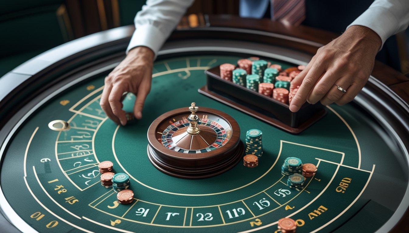 Roda mini roulette dengan beberapa keping taruhan di atas meja hijau.
