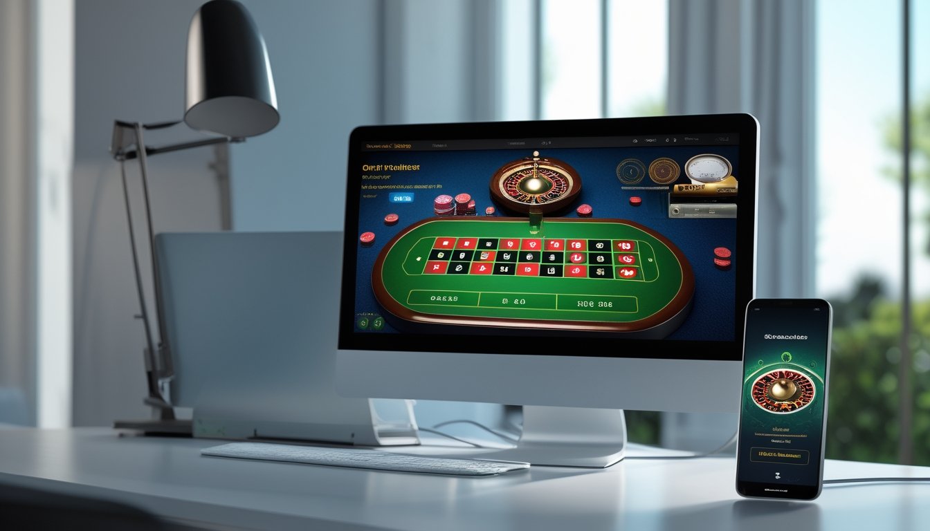 Monitor dan ponsel menampilkan permainan roulette digital dengan meja hijau dan keping kasino di ruang kerja modern.