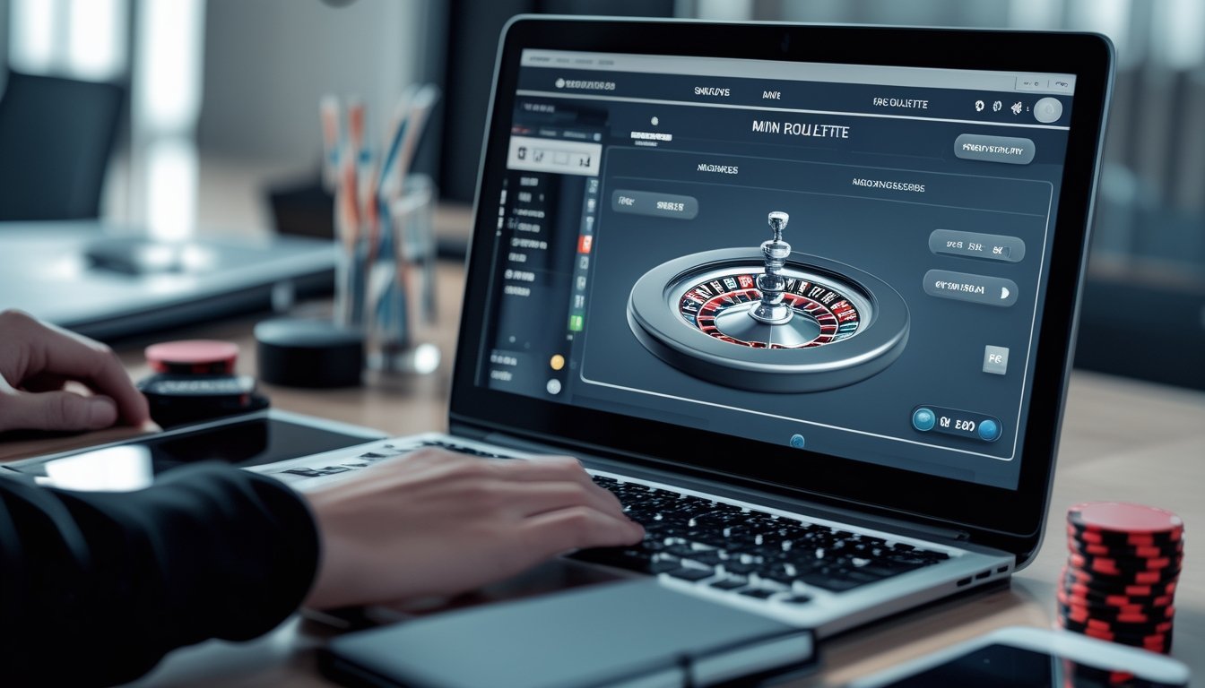 Meja modern dengan laptop menampilkan antarmuka roda roulette abstrak, roda roulette, keping merah dan hitam, serta ponsel.