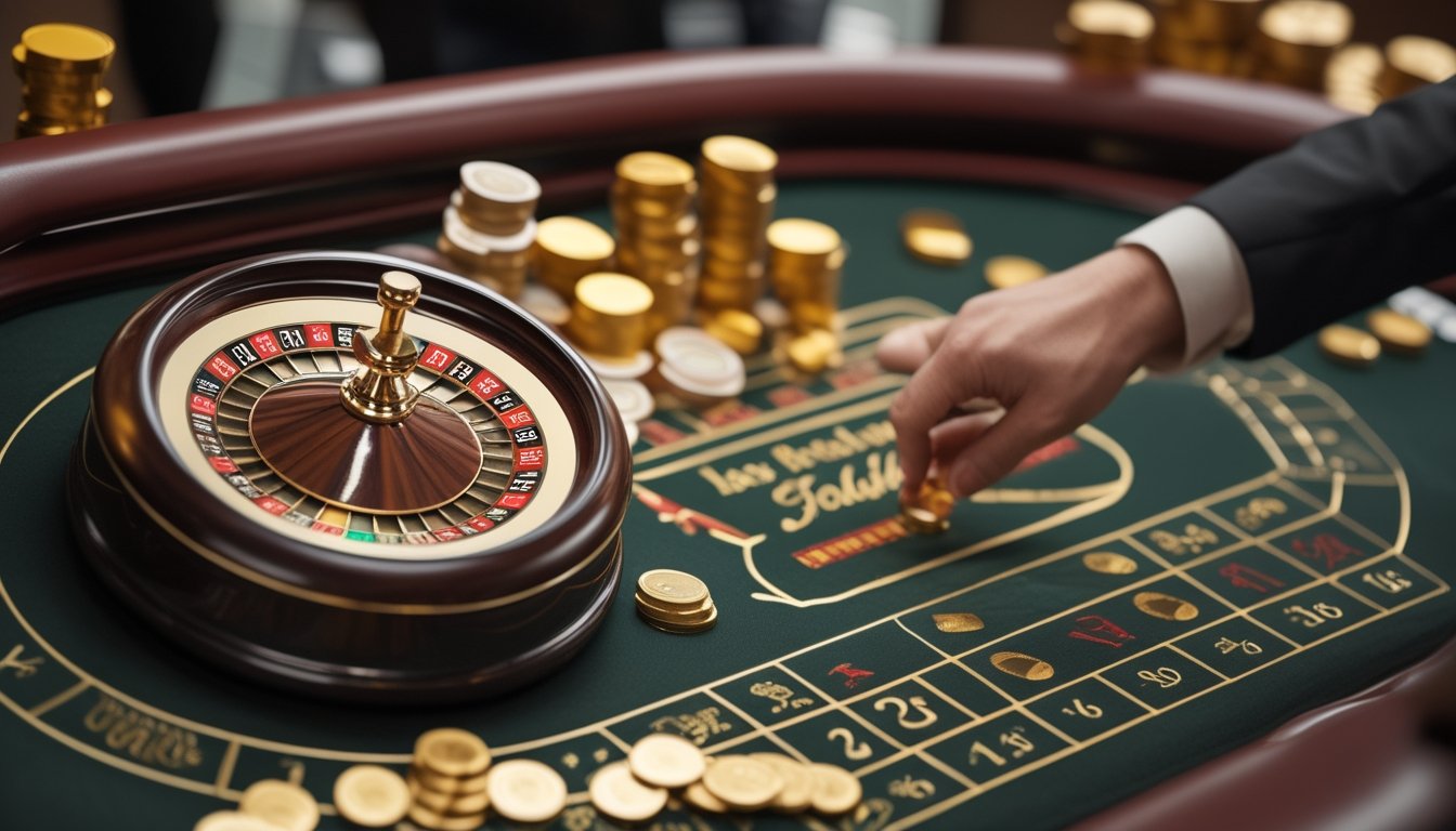 Roda roulette mini dan keping taruhan tersusun di atas meja kasino dengan suasana kemenangan.