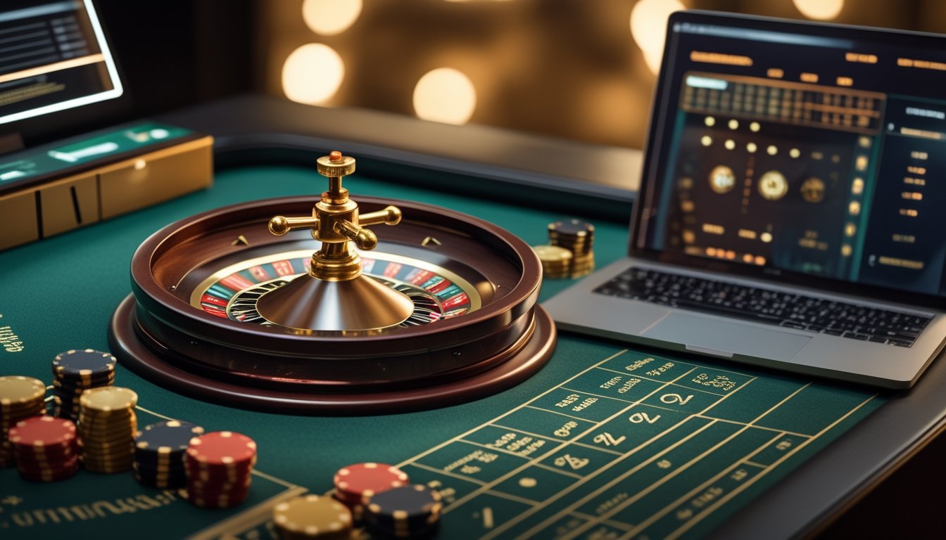 Roda mini roulette dengan keping taruhan di samping ponsel dan laptop.