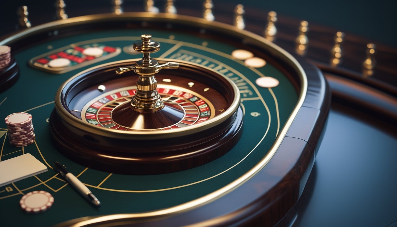 Roda mini roulette dan beberapa keping taruhan tersusun di atas meja permainan.