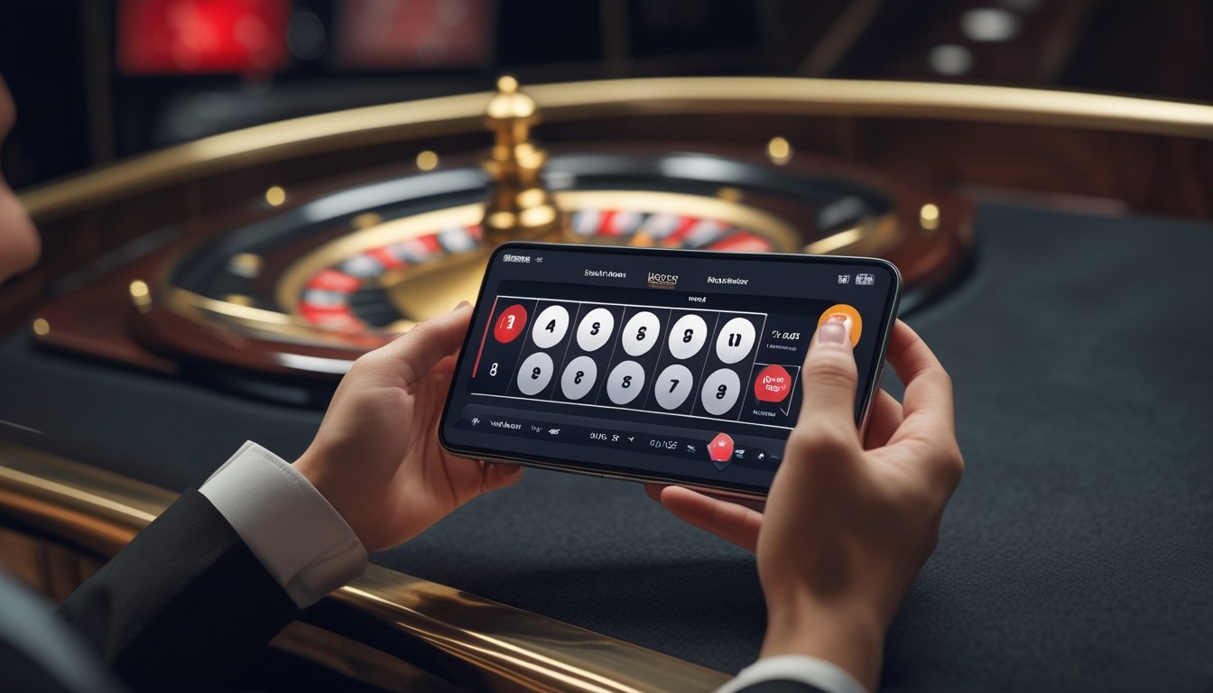 Seseorang menggunakan ponsel untuk memainkan roulette virtual dengan taruhan kecil.