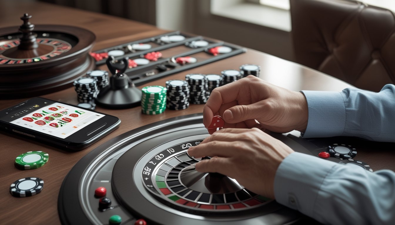 Roda mini roulette, beberapa keping taruhan, dan ponsel di atas meja dengan tangan yang menempatkan satu keping.
