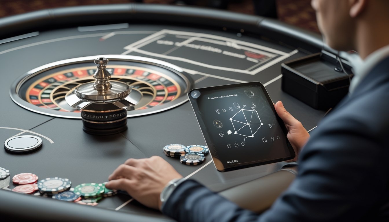 Meja mini roulette dengan keping taruhan, bola roulette, dan remot di sampingnya.