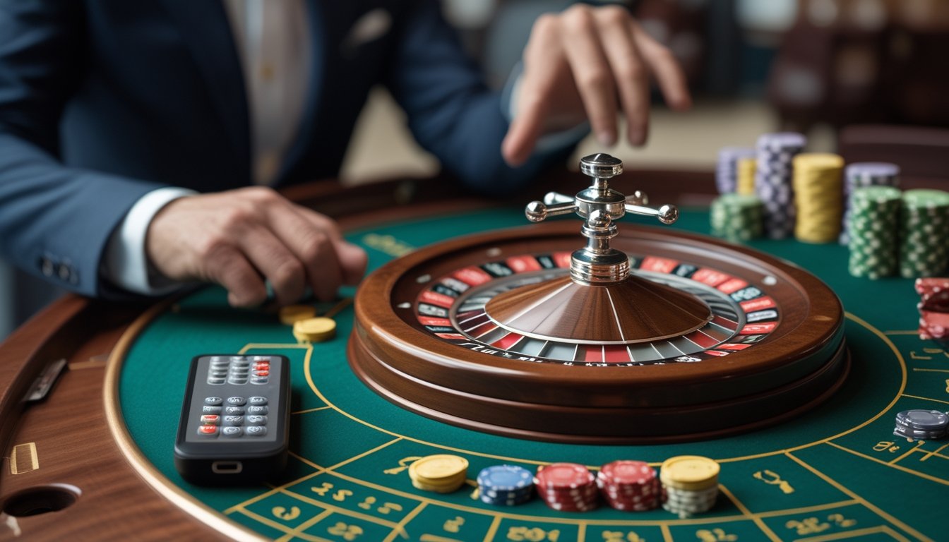 Meja mini roulette dengan roda roulette, keping taruhan, bola, dan kendali jarak jauh.