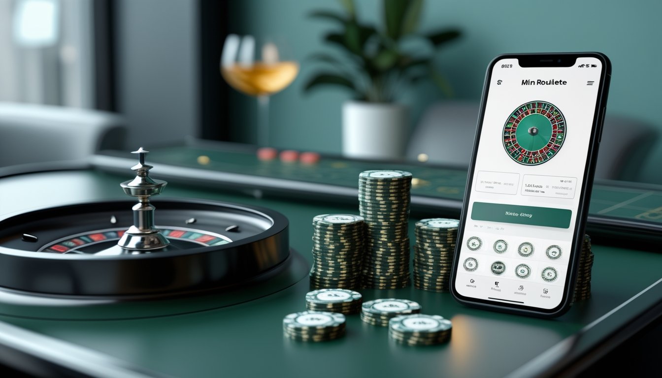 Roda roulette mini, keping taruhan bernilai kecil, dan ponsel dengan tampilan permainan digital di atas meja modern.