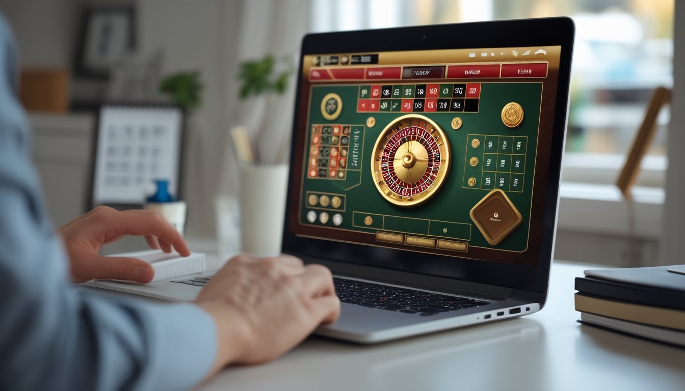 Seorang pemain memainkan mini roulette online dengan taruhan kecil di depan laptop.