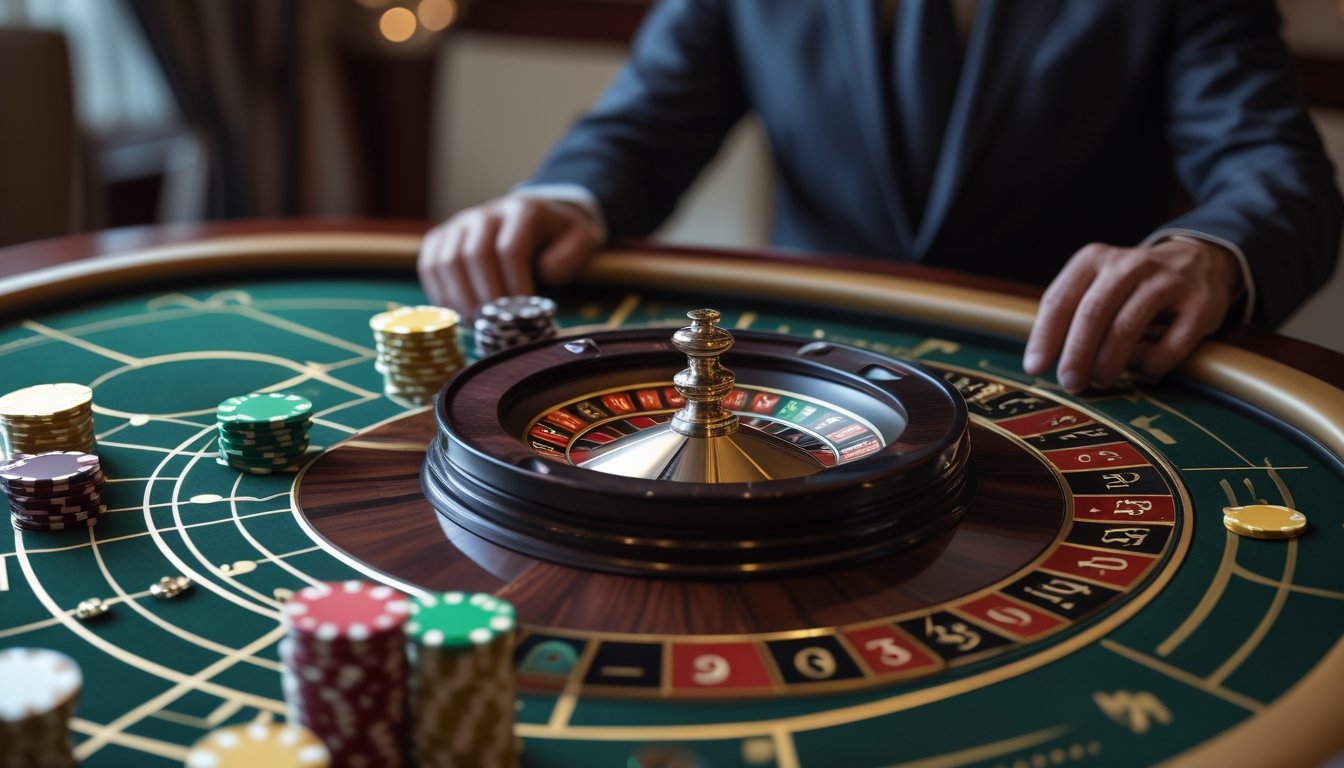 Roda roulette mini dengan bola dan beberapa keping taruhan di atas meja kasino.