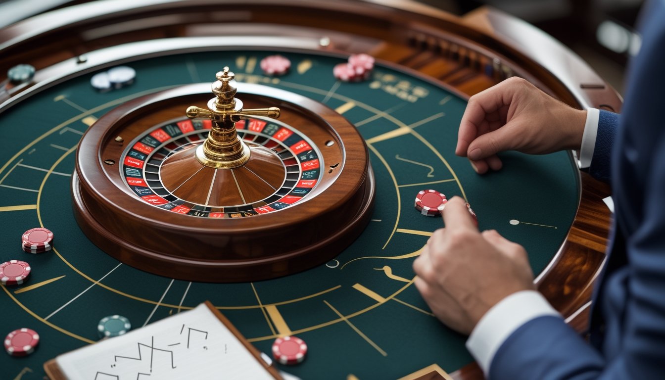 Tangan seseorang menata keping taruhan di meja roulette mini sambil mengamati roda permainan.