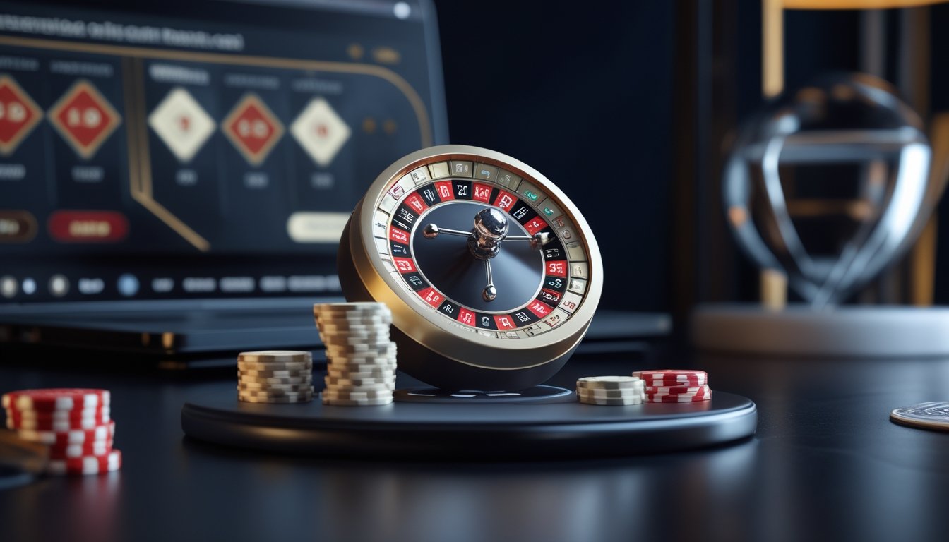 Roda roulette mini dengan keping taruhan di atas meja permainan yang elegan, dengan laptop di latar belakang.