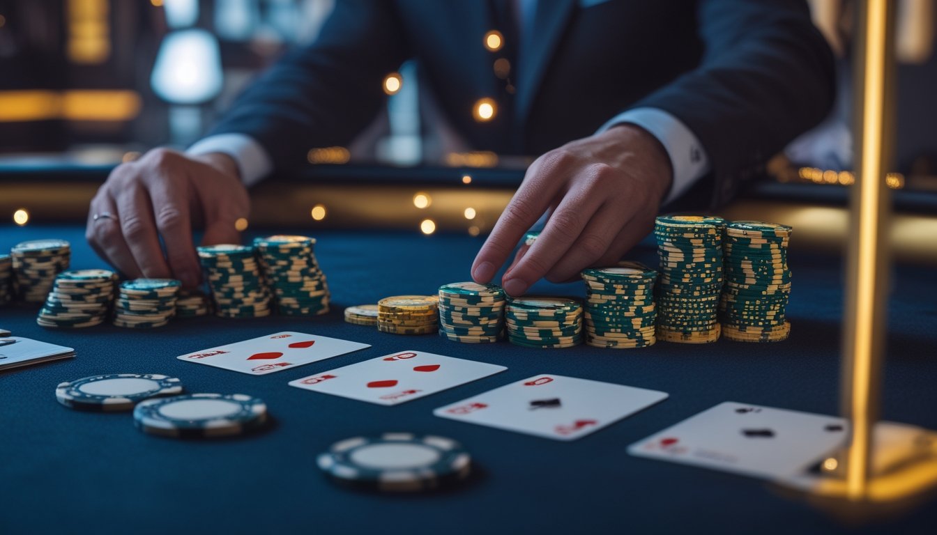 Tangan pemain menata keping poker di meja permainan modern dengan kartu dan suasana kemenangan.