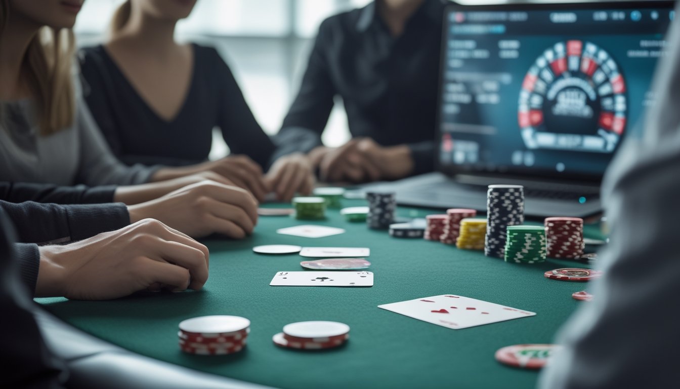 Meja poker modern dengan kartu tertutup, tumpukan chip, dan roda hadiah kecil di sampingnya.