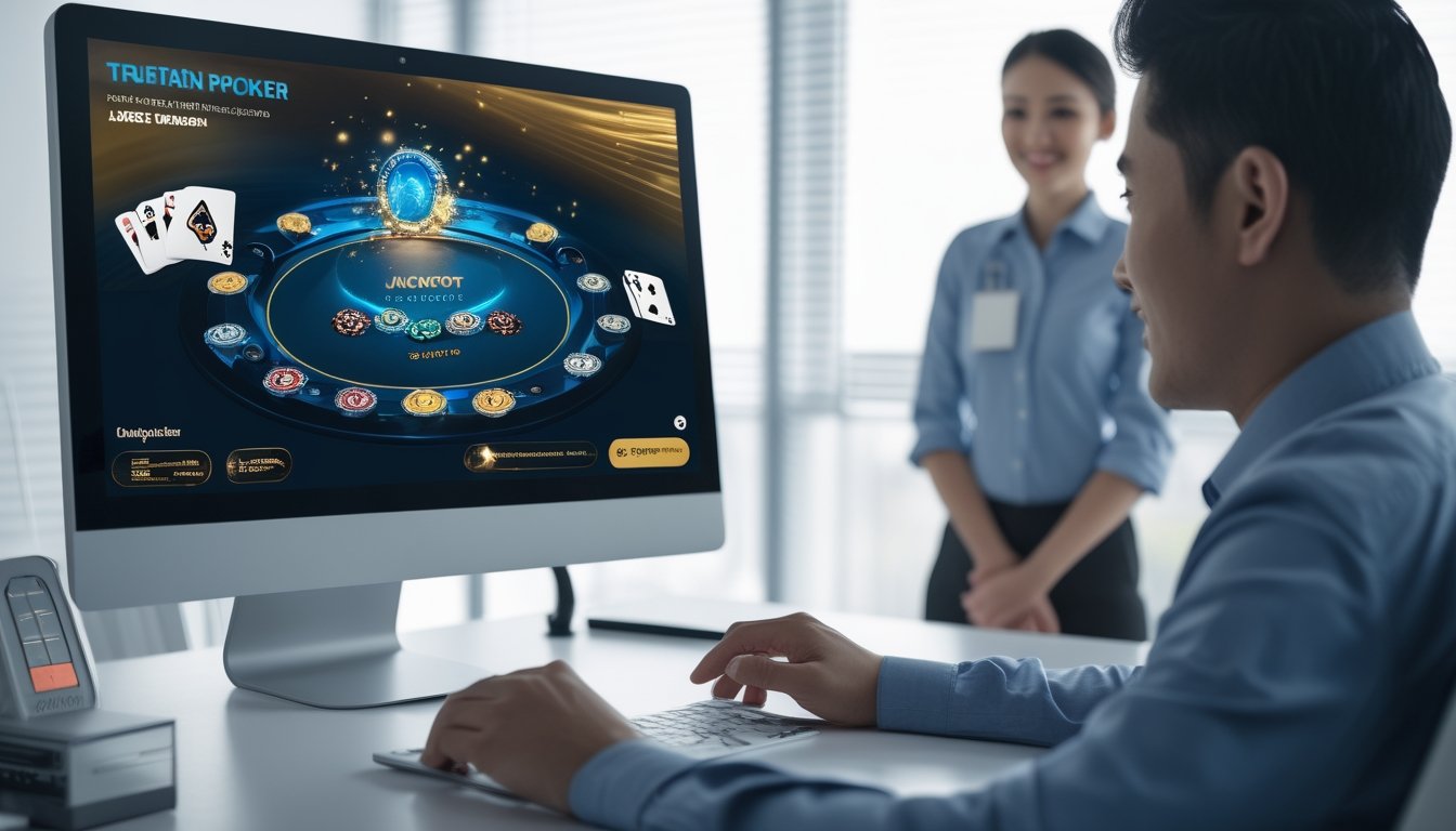 Seorang pengguna memeriksa platform poker digital dengan kartu, chip, dan simbol jackpot di meja kerja modern.