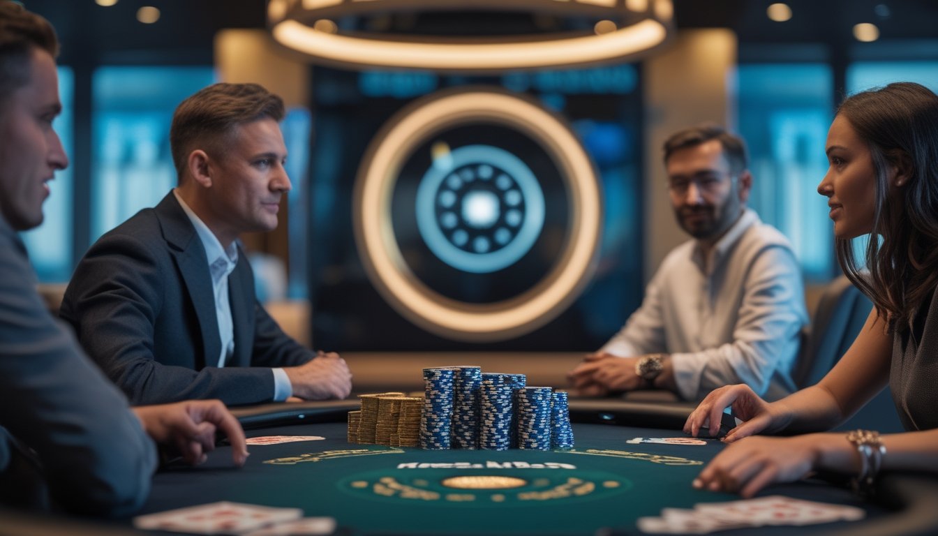 Meja poker modern dengan kartu, tumpukan chip, dan roda jackpot digital bercahaya di latar belakang.