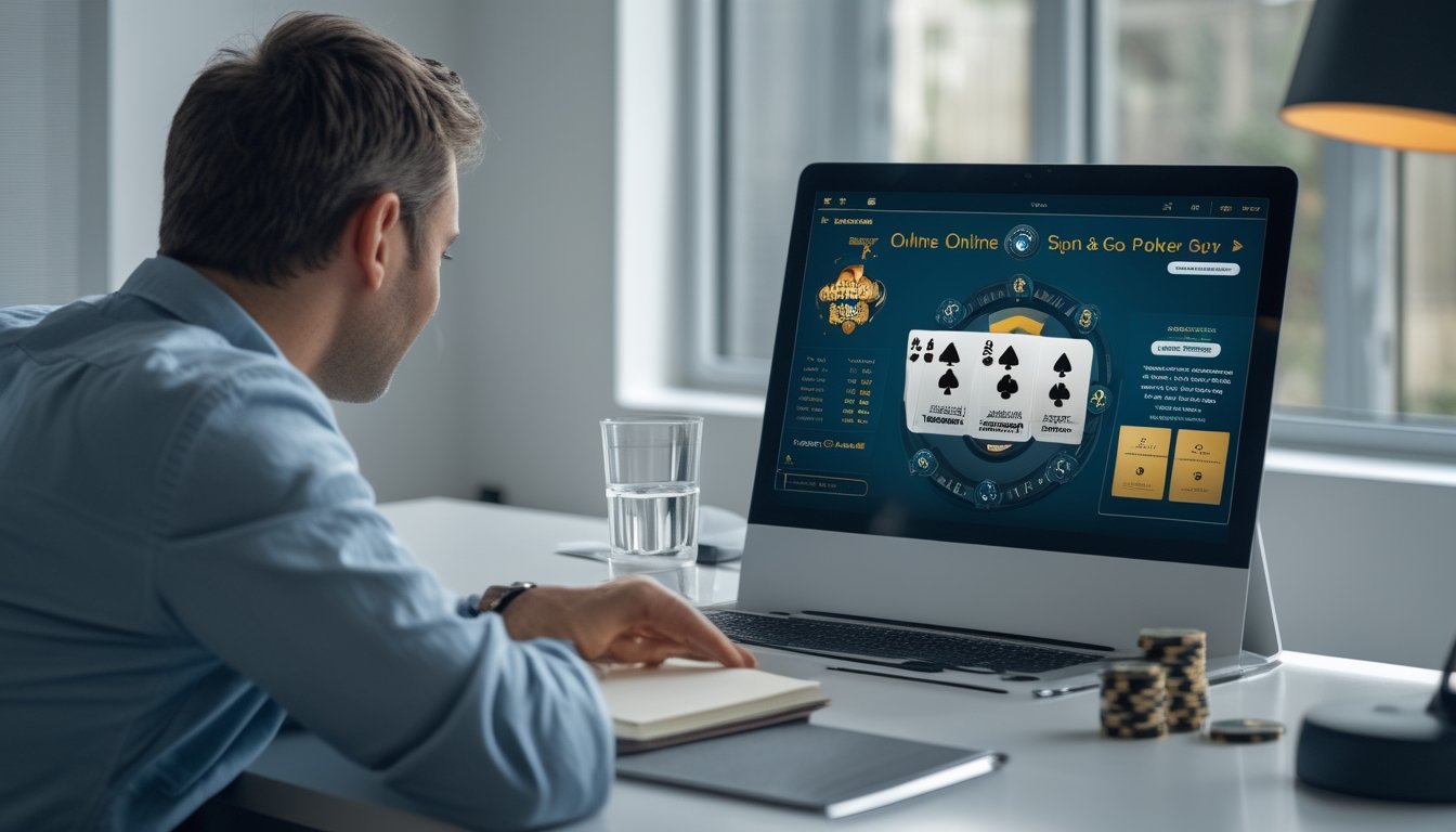 Pemain dewasa sedang berkonsentrasi memainkan poker online di laptop dengan kartu dan keping poker di meja.