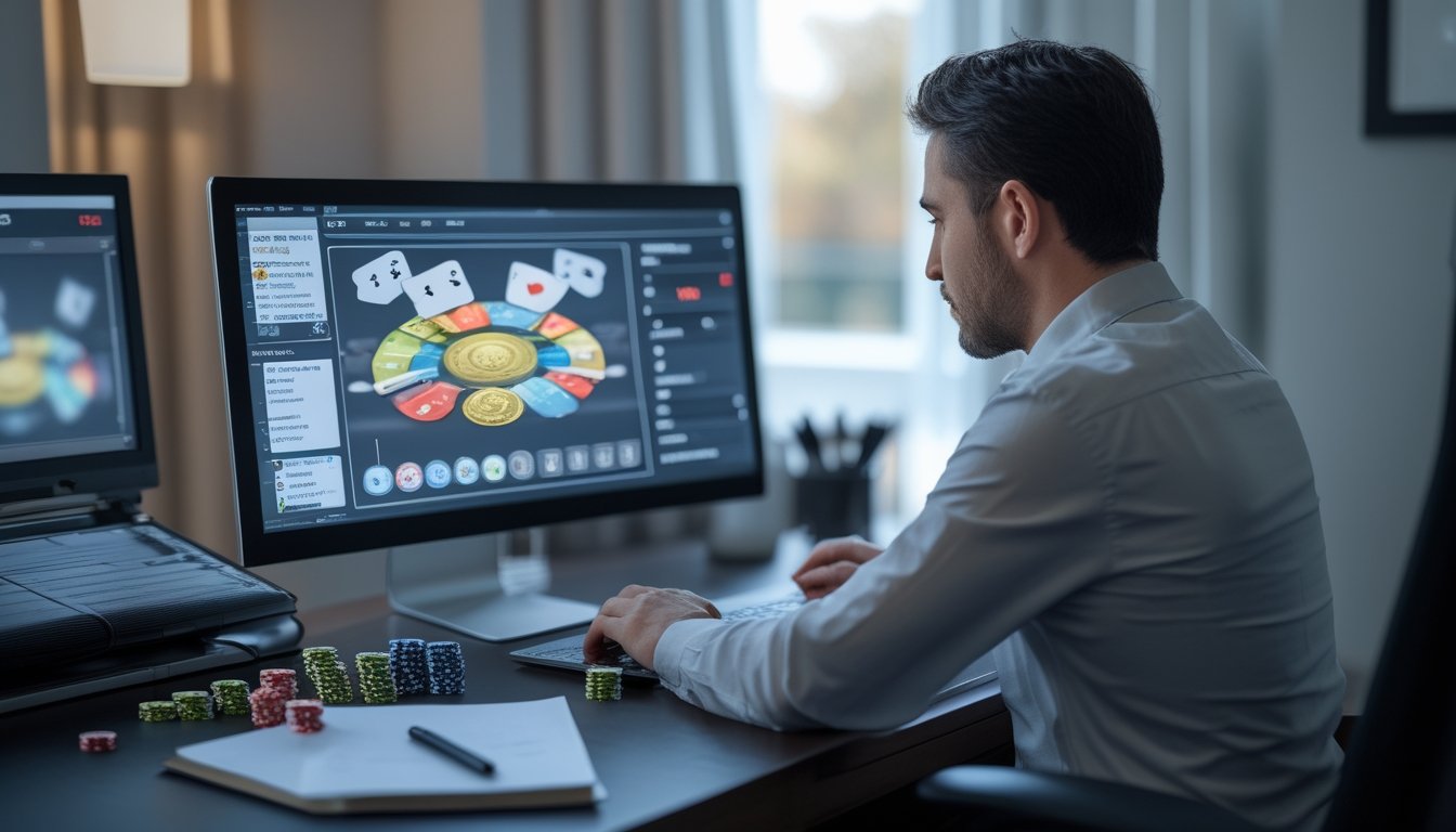 Pemain poker dewasa mempelajari meja turnamen digital di laptop dengan chip poker dan roda hadiah abstrak di meja.