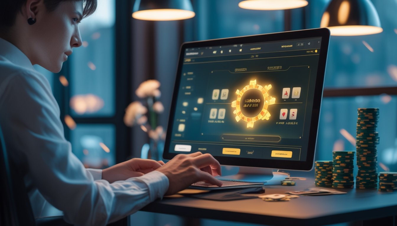 Seorang pemain berfokus bermain poker daring di depan laptop dengan kartu, keping poker, dan roda hadiah bercahaya.