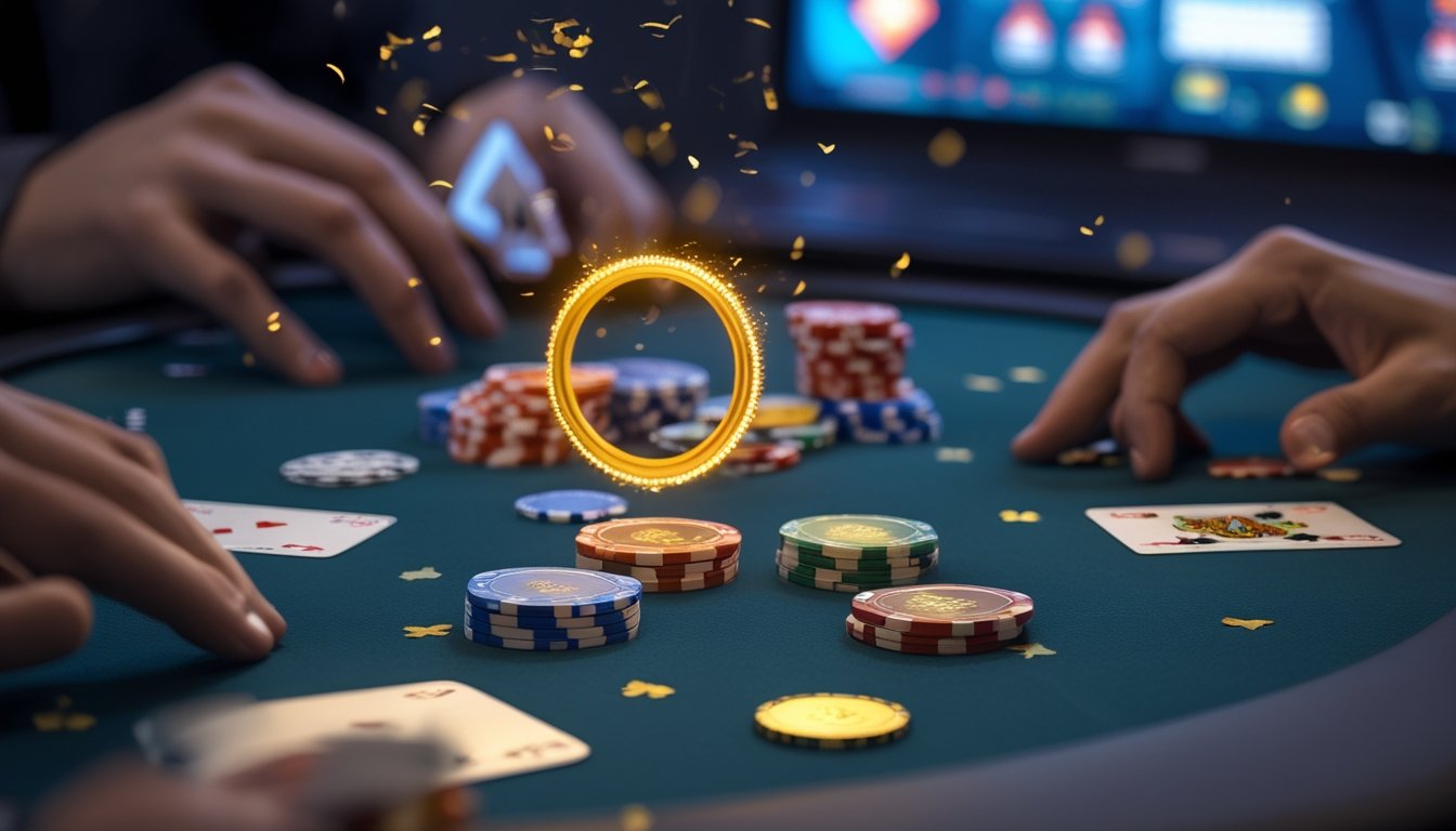 Meja poker dengan kartu, tumpukan chip, dan layar komputer yang menampilkan permainan poker secara samar.