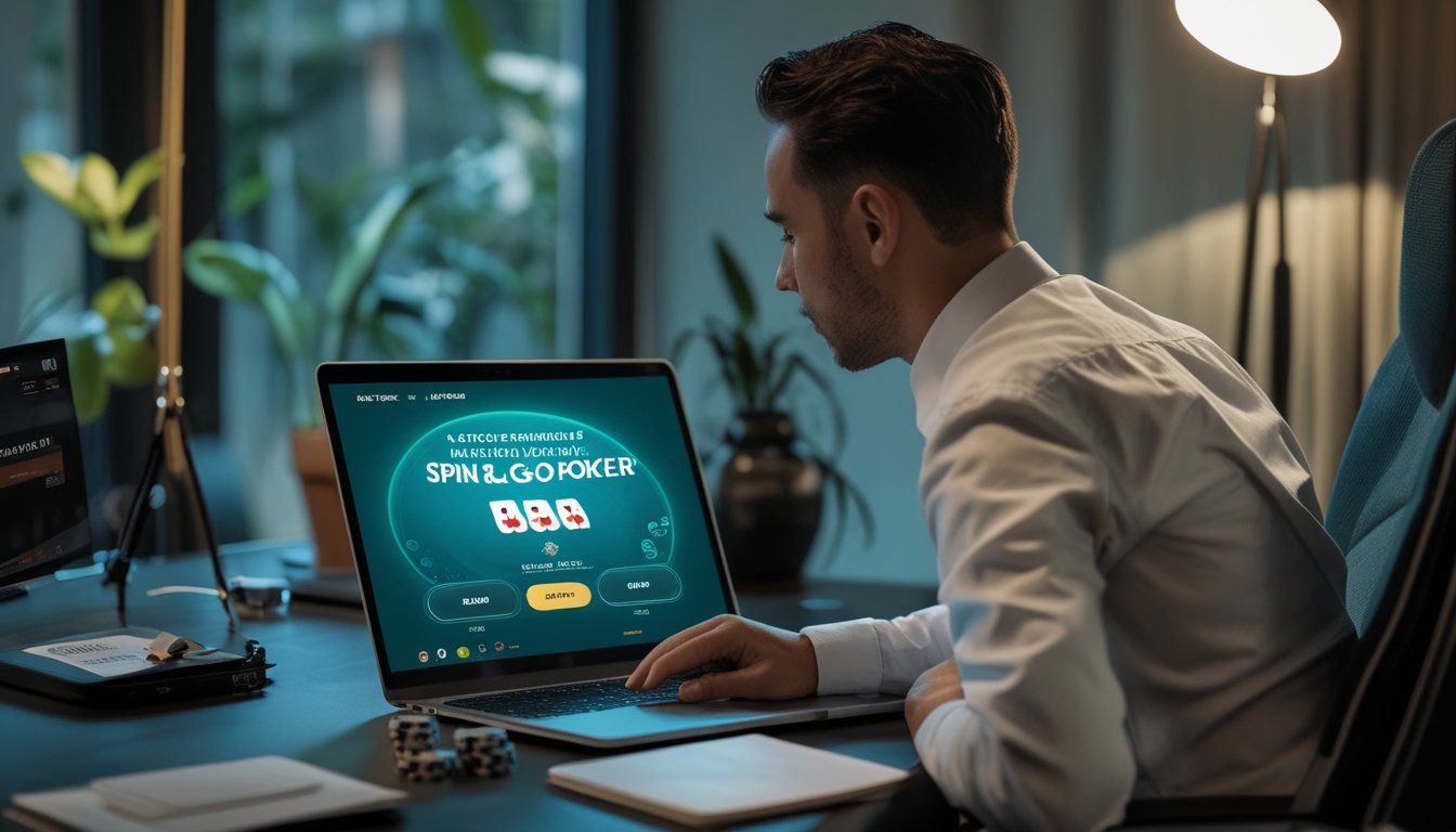 Pemain poker menganalisis turnamen online di depan laptop dengan kartu dan keping poker di meja.