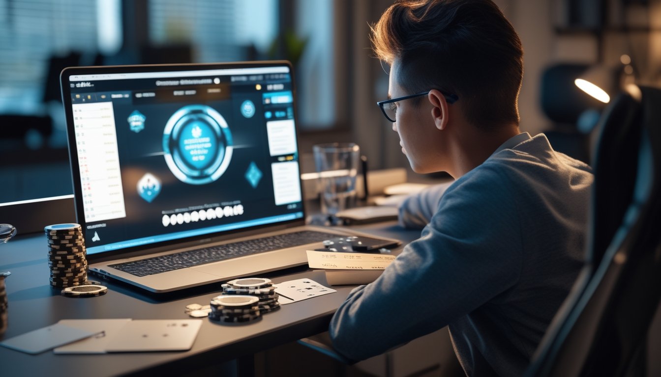 Pemain poker mempelajari strategi turnamen di depan laptop dengan kartu dan keping poker di meja.