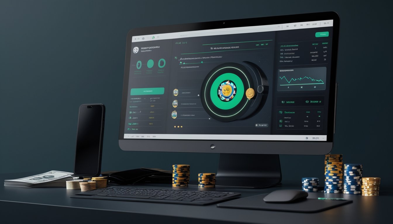 Meja kerja modern dengan layar yang menampilkan permainan poker daring, kartu, keping poker, dan ponsel.