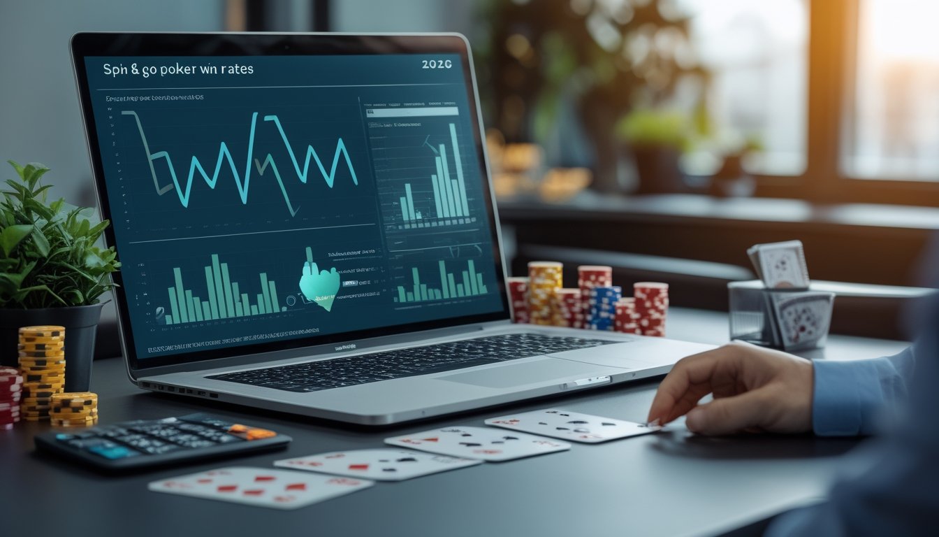 Meja kerja profesional dengan laptop berisi grafik analisis abstrak, keping poker, kartu tertutup, dan kalkulator.