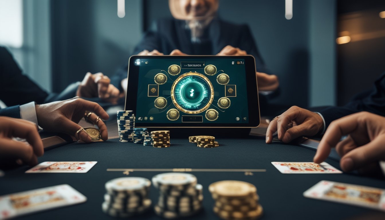 Meja poker modern dengan kartu, keping taruhan, dan layar permainan bercahaya.