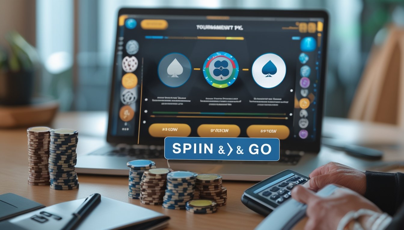 Pemain poker fokus di meja kerja dengan laptop, chip poker, roda hadiah, dan catatan strategi.